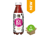 Flasche mit Bio-Eistee von Swiss Alpine Herbs mit Aronia, Alpenrose und Minze in weißem Etikett mit schwarzen Pflanzenzeichnungen