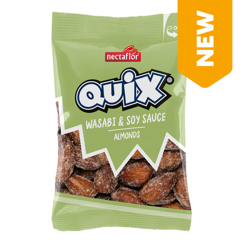 Verpackung mit Mandeln der Marke nectaflor Quix mit Wasabi- und Sojasaucengeschmack