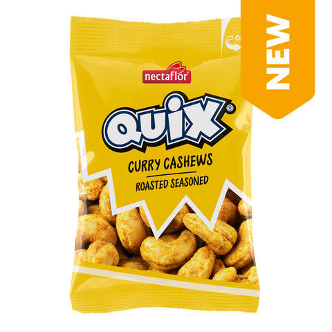 Gelbe Verpackung mit der Aufschrift 'nectaflor QUIX CURRY CASHEWS ROASTED SEASONED' und einer Abbildung von gewürzten Cashewnüssen