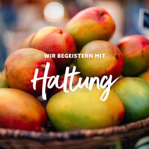 Nahaufnahme eines Korbs mit mehreren reifen Mangos und dem Text 'WIR BEGEISTERN MIT Haltung' in weißer Schrift